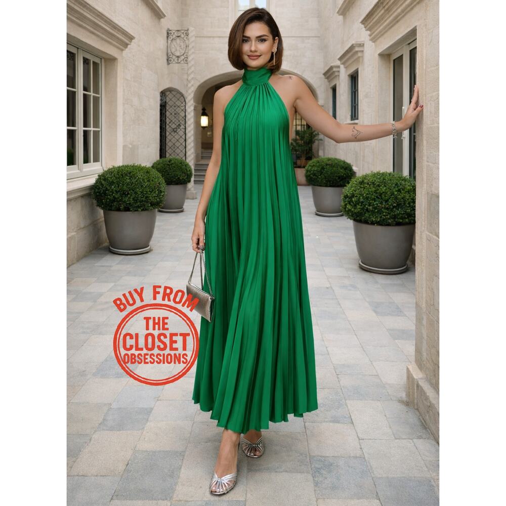 Mango NWT Emerald Green Pleated Halter Midi Dress 6 8 - Picture 13 of 16